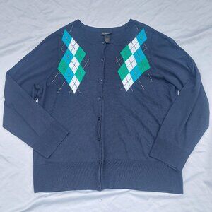 Lane Bryant Navy Blue Cardigan Sweater Size 18/20 3X Argyle Print Button Front